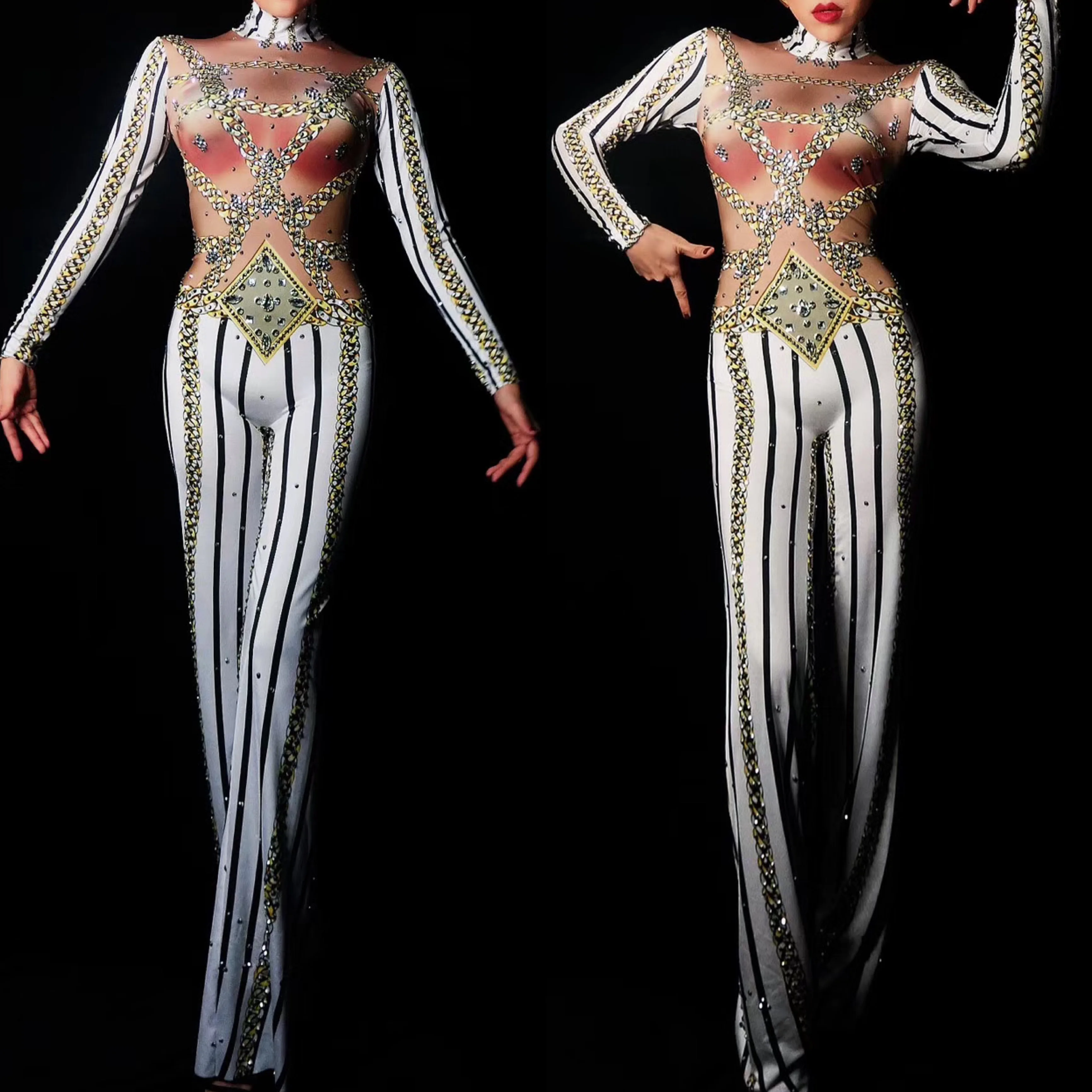 Блестящий Комбинезон AB Стразы модный сексуальный большой эластичный