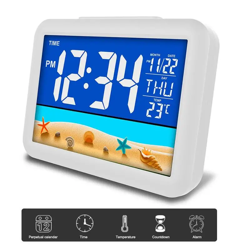 

Digital Alarm Clock with Large LCD Colorful Temperature Display Voice Control Glow Light Electronic Clock with Backlight