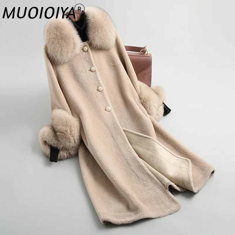 

Elegant Real Fox Fur Collar Overcoat Female Witer 2022 Long Sheep Shearing Jacket Women's Fur Coat Casaco Feminino Gxy681