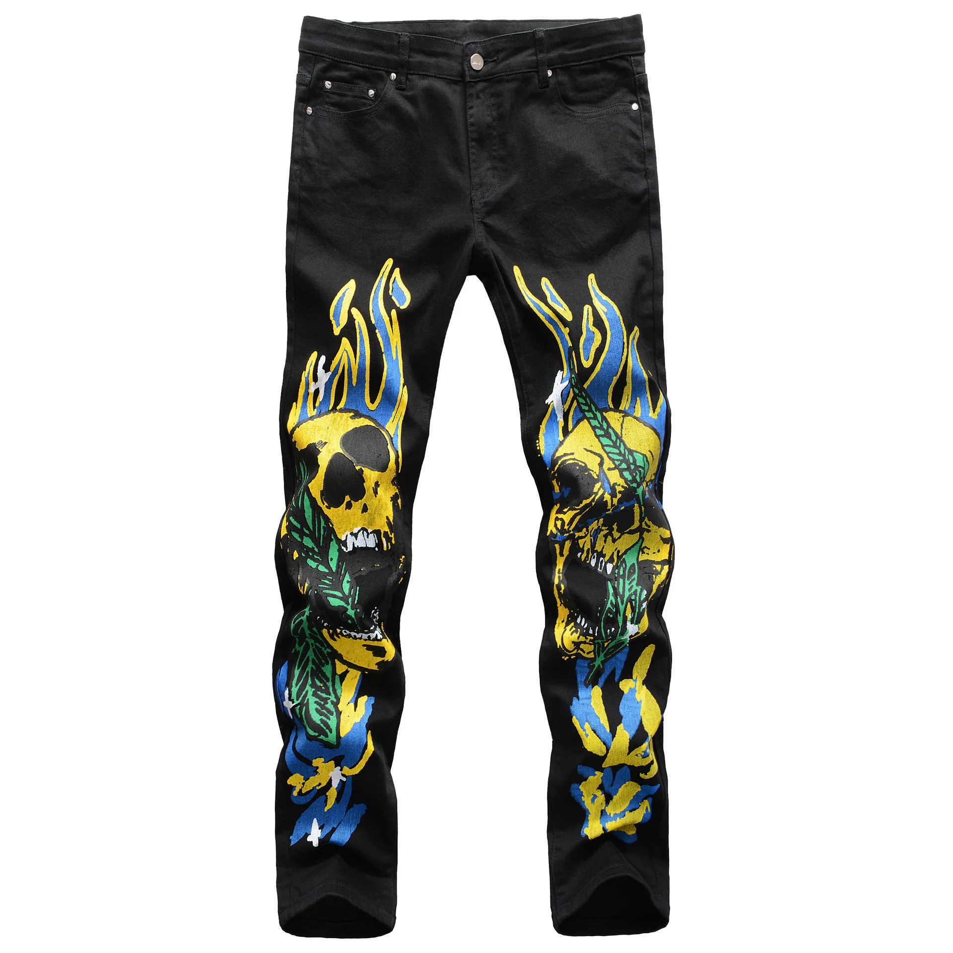 Fashion Men's Jeans Stretch Slim Fit 3D Color Print Black White Trousers Flame Skull Graffiti Street Men Denim Pants Jean Homme
