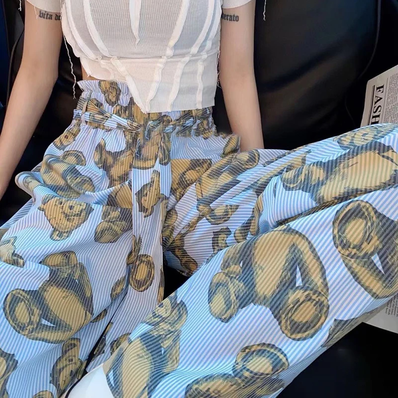 

GALCAUR Print Loose Pants For Women High Waist Bandage Ruched Hit Color Casual Straight Trousers Female 2021 Clothes Fashion New