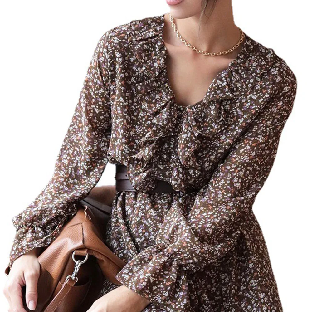 

Vintage Print Women Dress Spring Fall 2021 New Fashion High Waist Chiffon Floral Dress French Retro Style Short OL Dresses Robe