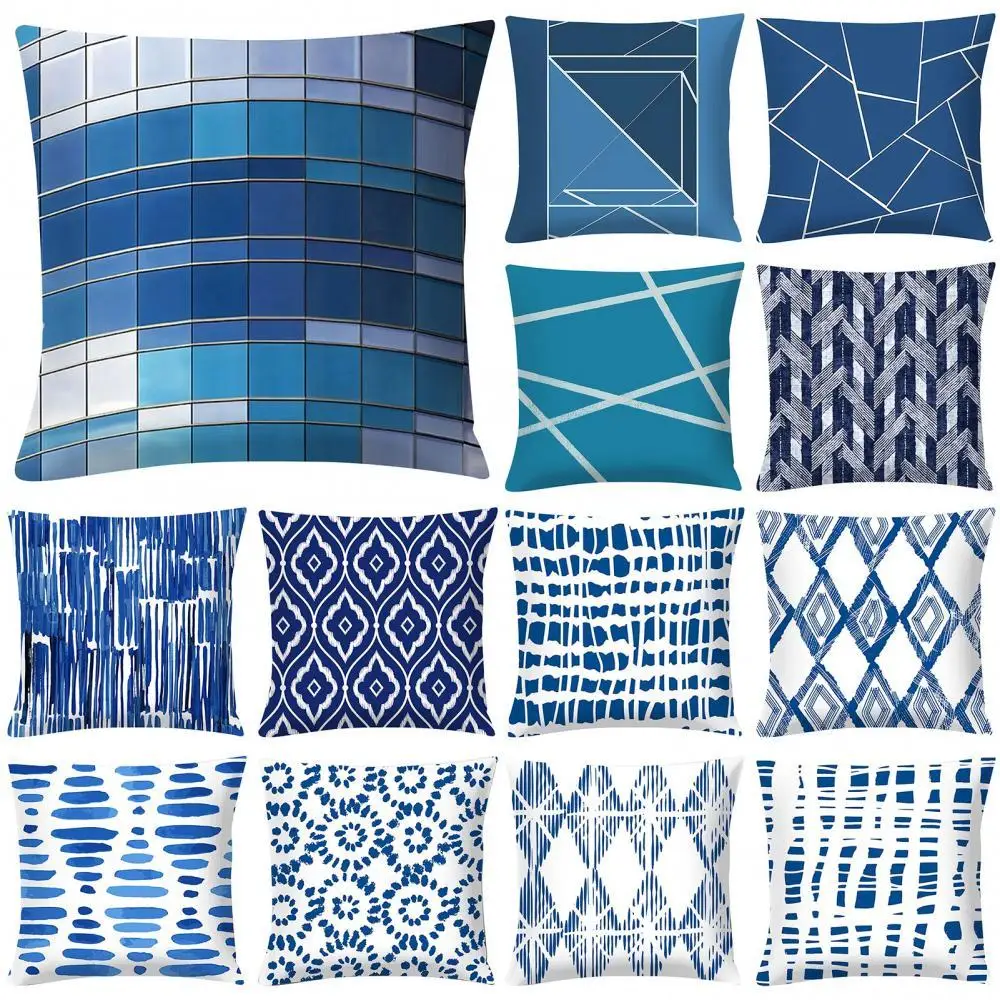 

Blue Geometric Printed Throw Square Pillow Cover Sofa Chair Cushion Pillowcase