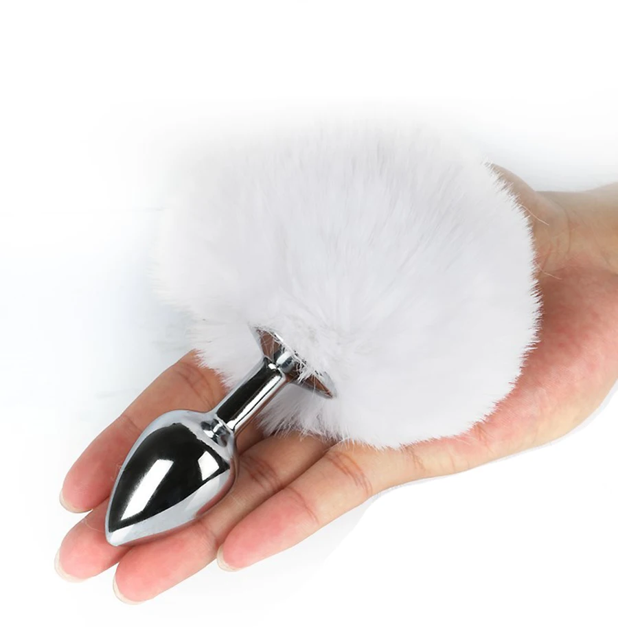 Заячий хвост белый кролик Анальная пробка нержавеющая сталь и силиконовый