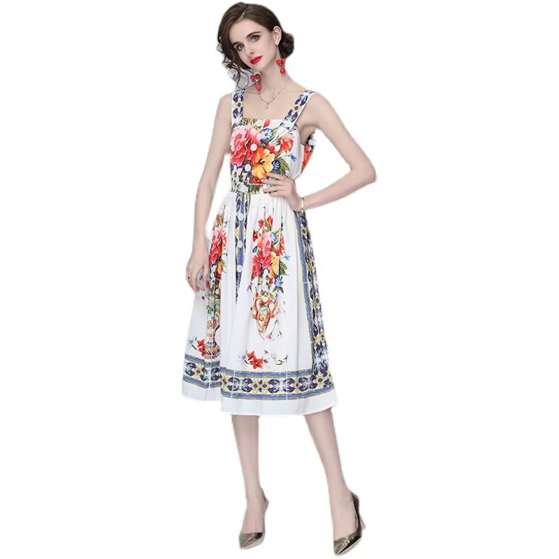 

Summer's new stylish side-neck sling dress with floral print high-waisted dress