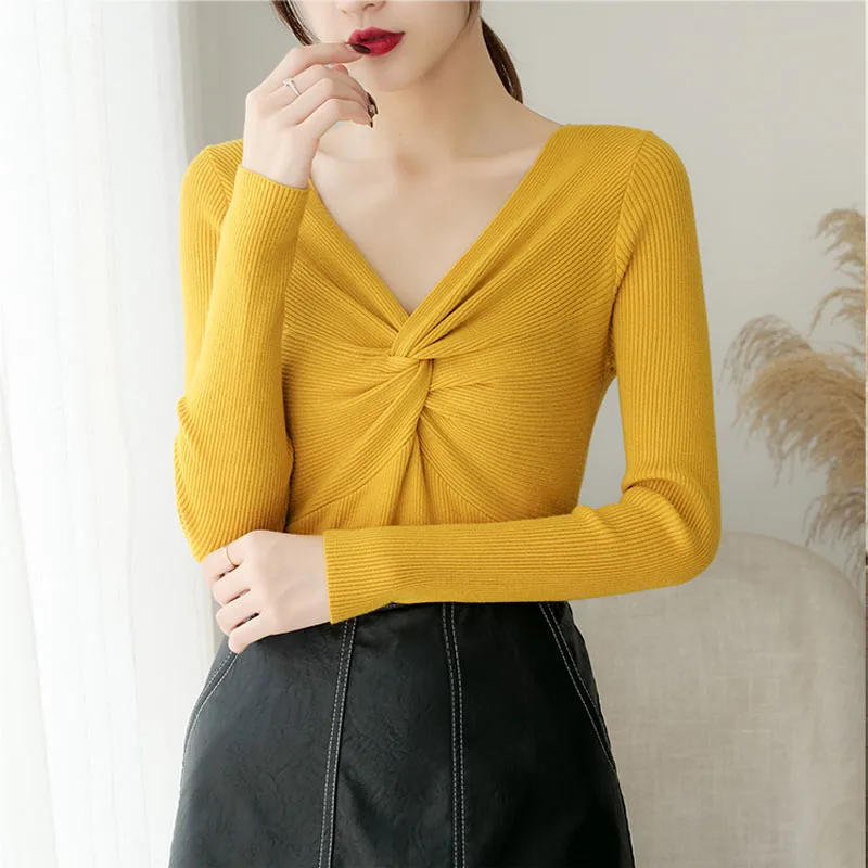 Женский трикотажный свитер Lucyever черный эластичный с v-образным вырезом и длинным