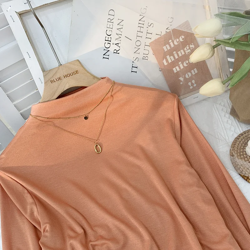 

KUSAHIKI 2021 Spring korean elegant turtleneck basic tshirts slim long sleeve graphic t shirts women fashion t shirt 6E720