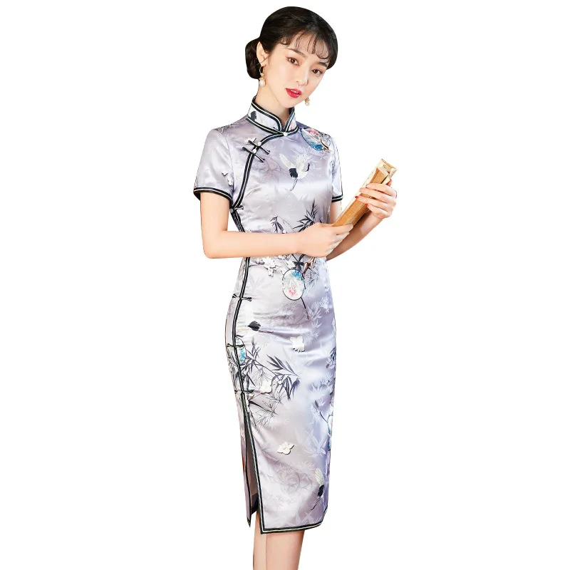 

Summer Lady New Mid-Length Bride Wedding Cheongsam Print Crane Slim Evening Banquet Chinese Dresses Daily Straight Skirt