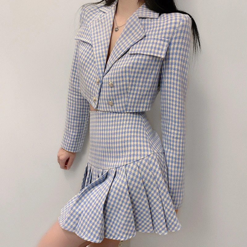 IAMHOTTY Fashion Elegant Women Suits Office Sets Pleated Skirt Casual Uniform Korean Mini And Blazer Suit | Женская одежда