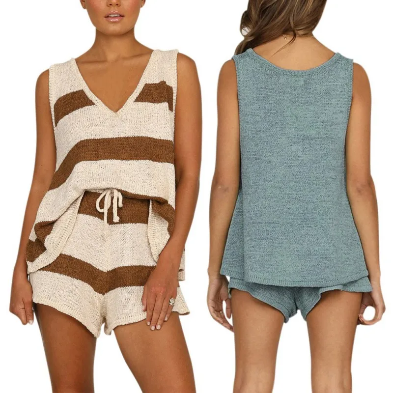 

Two-piece Sets Fashion Women Casual Deep V-neck Vest And Knitted Shorts Women Sets Women Striped Summer Suit