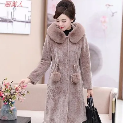 Новинка 5XL, шерстяное Норковое Пальто, женская зимняя куртка, роскошный воротник из лисьего меха, с капюшоном, теплая верхняя одежда, стрижка овец, длинное пальто - Цвет: Khaki