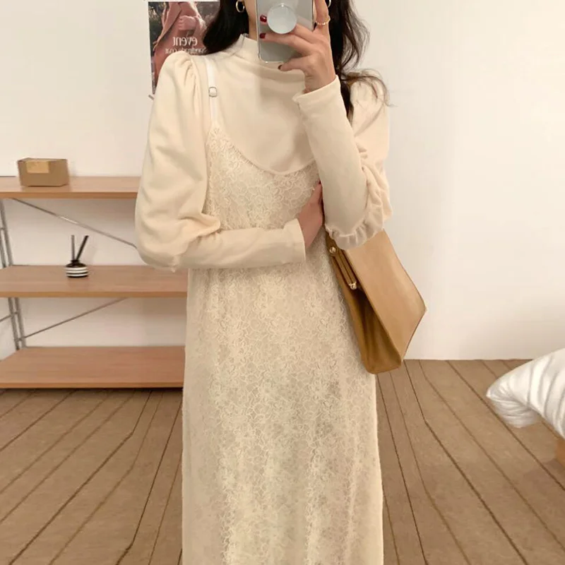 

Korean Lace Suspender Dress Chic Spring Round Neck Bubble Sleeve Bottomed Shirt T-shirt Long Gentle Femaleshesam-B