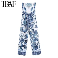 traf women chic fashion with belt floral print wide leg jumpsuits vintage backless zipper female playsuits mujer