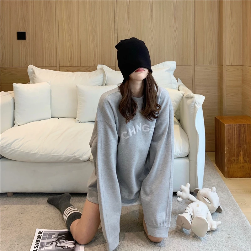 

Winter Mid-Length Plus Velvet Thick Letter Embroidery O Neck Sweater Women Loose Casual