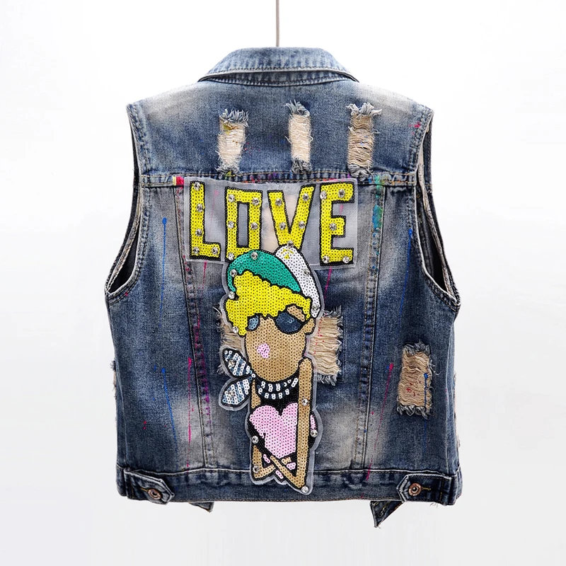 

Summer Fashion Diamond Sequins Short Denim Vest Women Casual Waistcoat Slim Sleeveless Jacket Holes Jeans Vest moto Female JC217