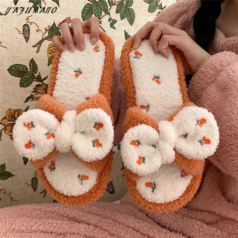 

Sweet Cute Girly Heart Bow-Knot Warm Slippers Women Winter Home Indoor Bedroom Non-Slip Plush Ladies Slippers Soft Comfortable