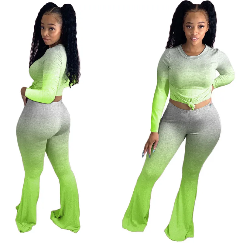 

Градиентный тренировочный костюм, одежда для отдыха, комплект из двух предметов, футболка с длинным рукавом, укороченный топ, обтягивающие ...