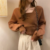 temperament solid slim autumn short v neck white knitted tops bottom fake two pieces pullovers sweaters lady fashion chic korea
