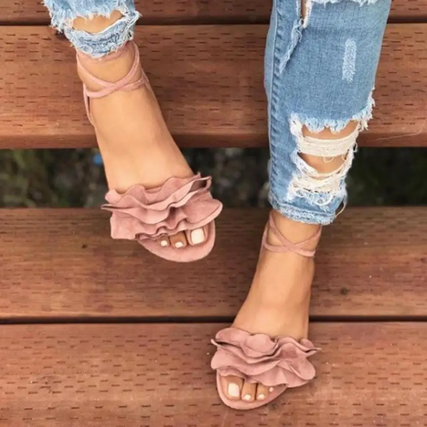 

Women Shoes Sandals Women Solid Color Ruffles Round Toe Flat Heel Cross Tied Sandals Rome Shoes Sandals summer Drop Shipping