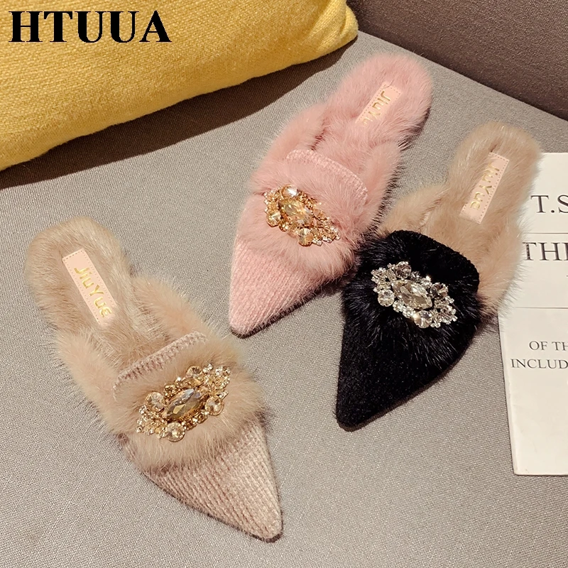 HTUUA осень-зима пушистый Шлёпанцы обувь Для женщин комнатные туфли на плоской