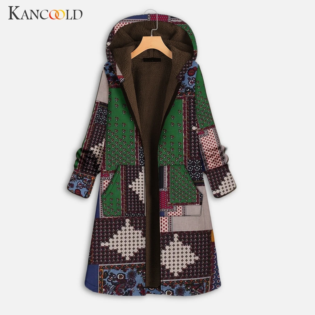 KANCOOLD Женское пальто с винтажным принтом и карманами длинным рукавом на молнии