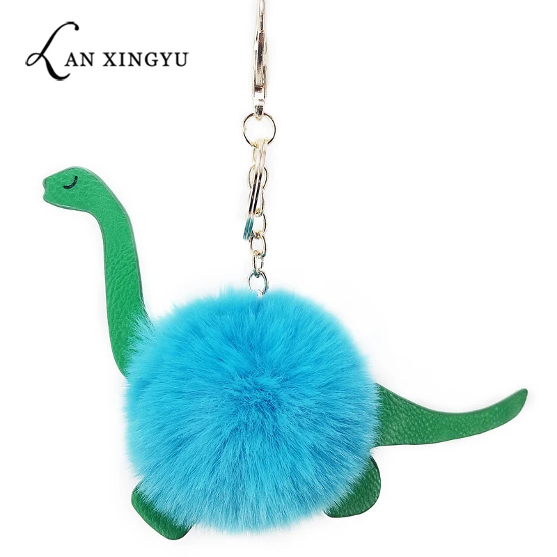 Брелок для ключей с мультипликационным динозавром эльфом пушистый помпон из