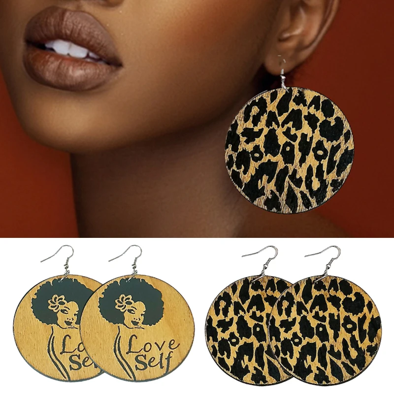 

Afrocentric Ethnic Woman Wooden Round Drop Earrings Black Queen Arts Painted Wood Loops For Women Gifts