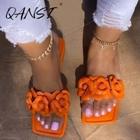 summer plus size flowers flat woman slippers fashion orange square toe mules sliders shoes outdoor beach sandals women 2021