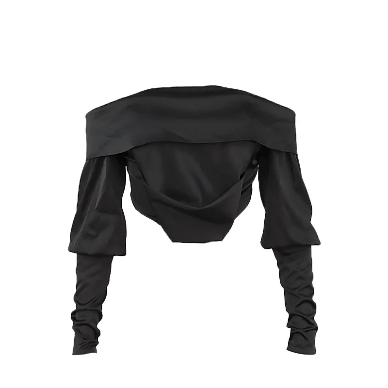 

Fashion Women's Shirt Strapless Collar Long Sleeves Night Club Cropped Top Female Sexy Party Wear Satin Black T-Shirt