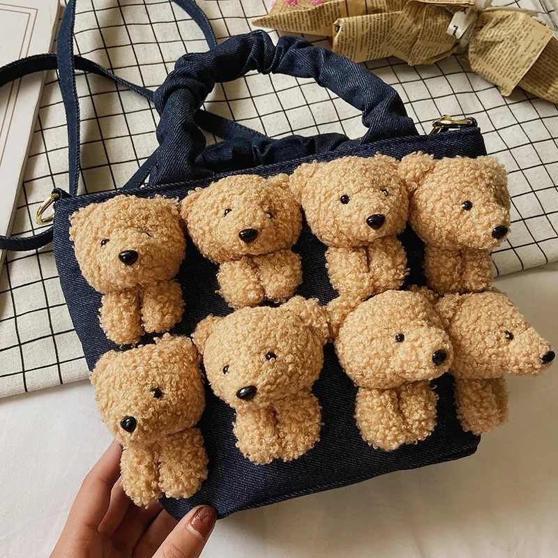 

Fashion Women Canvas Bucket Cartoon Toy Decoration Handbags and Purses for Female Cute Dolls Design Shoulder Bags Crossbody Bags