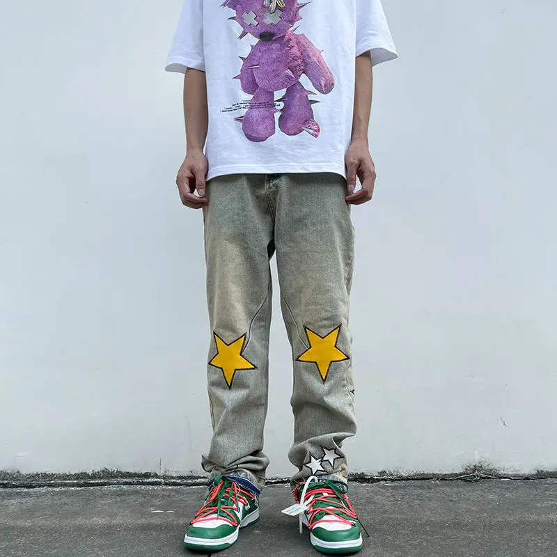 

Retro Jeans Mens Embroidered Stars Jeans Men's Streetwear Loose Man Wide Leg Pants Straight Hip Hop Pants Fashion Men Clothing
