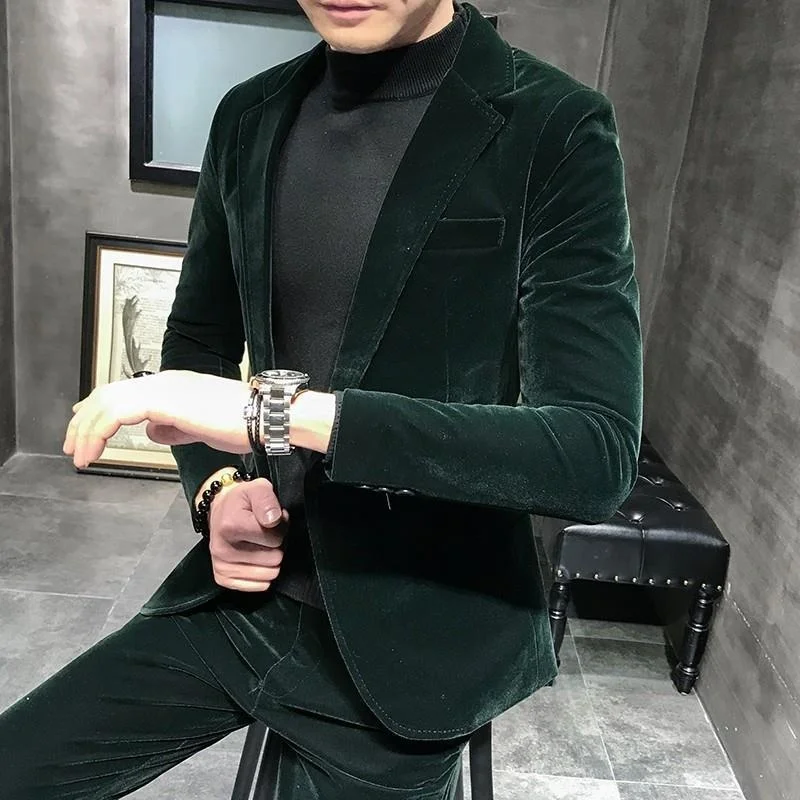 

Костюм мужской из 2 предметов, приталенный бархатный однотонный пиджак и брюки, повседневная верхняя одежда, O566, весна-осень