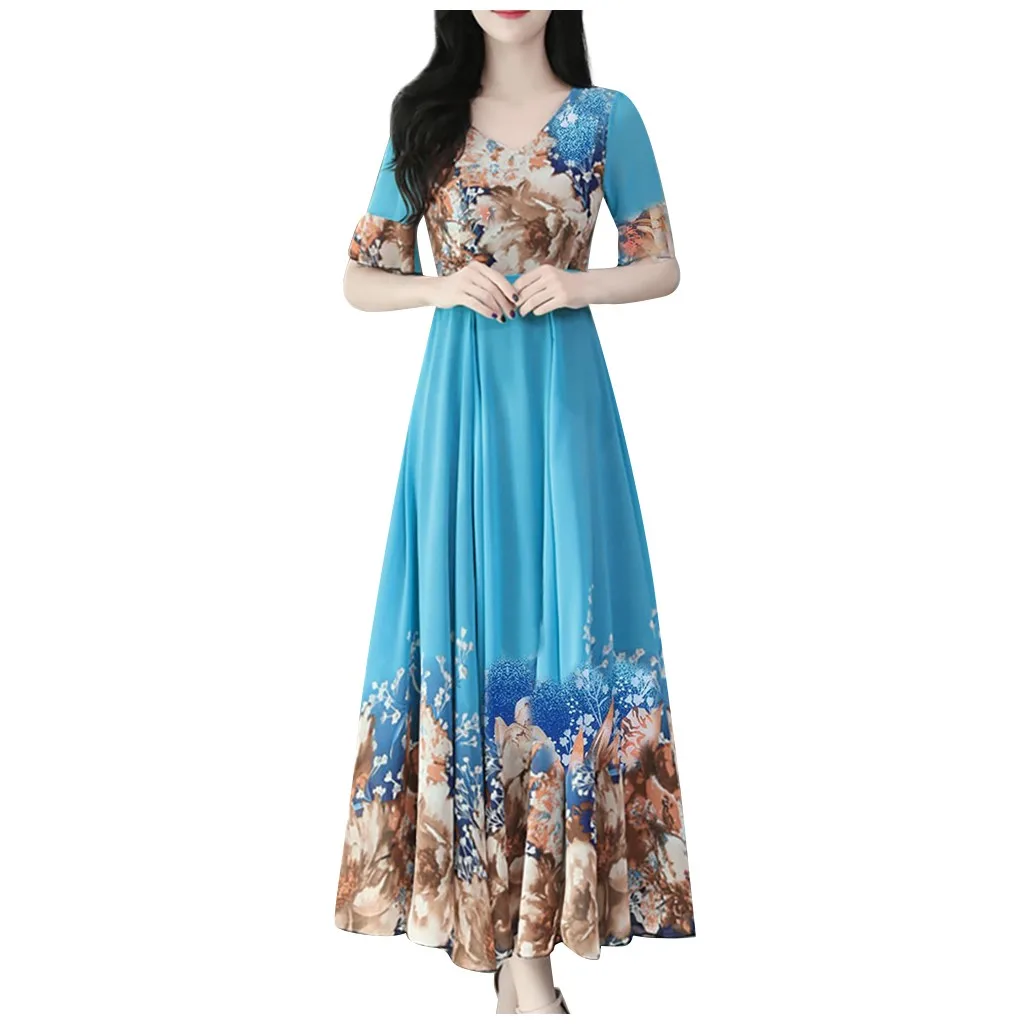 Boho Dress Women v-Neck Short Sleeve Long Floral Print Slim A-Line Party Dresses Casual Loose Beach Ladies Elegant |