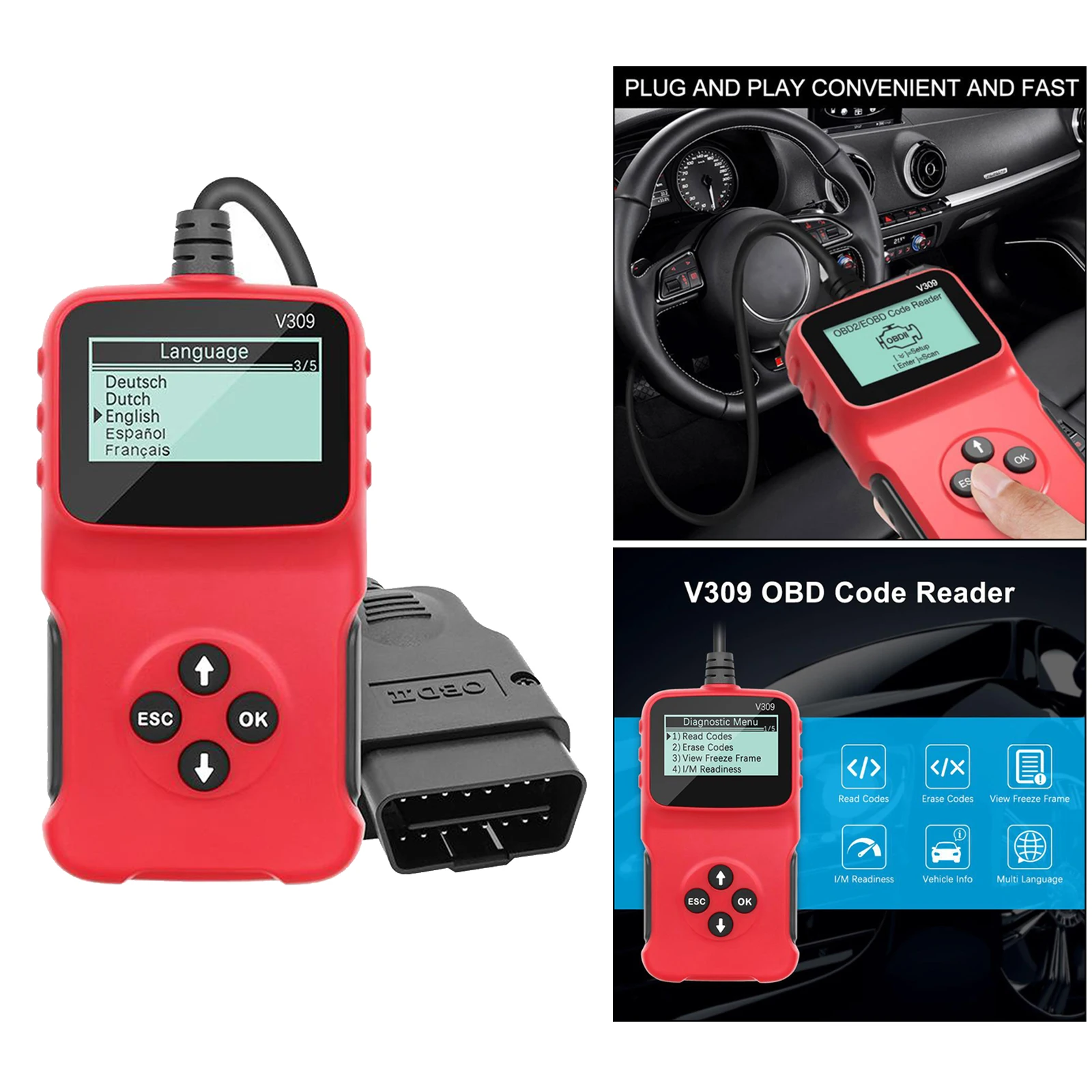 Автомобильный диагностический инструмент V309 OBD 2 OBDII сканер интерфейса