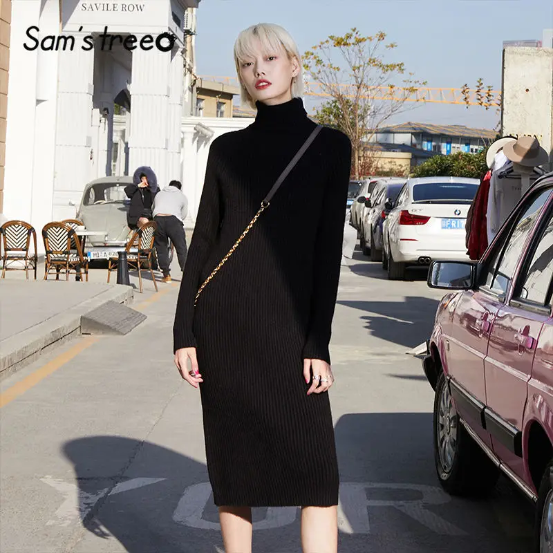 SAM'S TREE, многоцветный однотонный минималистичный вязаный пуловер, платье-свитер для женщин, зима, чистый разрез, длинный рукав, мягкие женские платья