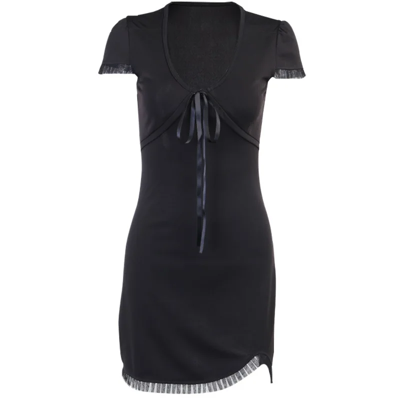 

Women Solid Color Slim Dress Sexy V-Neck Short-Sleeved Long Lace-Up Lace Slim-Fit Temperament Skirt