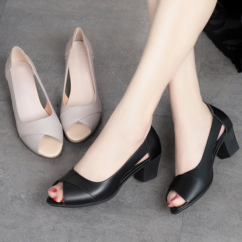 

2021 New Summer Women Dress Shoes Peep Toe Office Work Shoes Medium Heels Pumps Open Toe Woman Sandals Black zapatos mujer