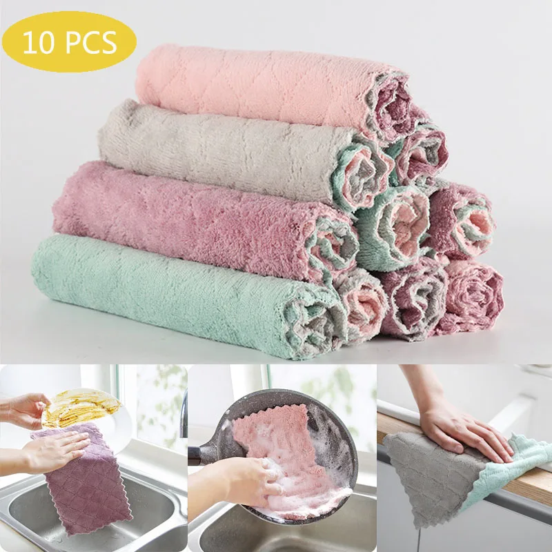 

10pcs Kitchen Towels Rag Coral Velvet Dishcloth Cloth Washing Dishs for Cleaning Wipe Table Clean with Random Colors