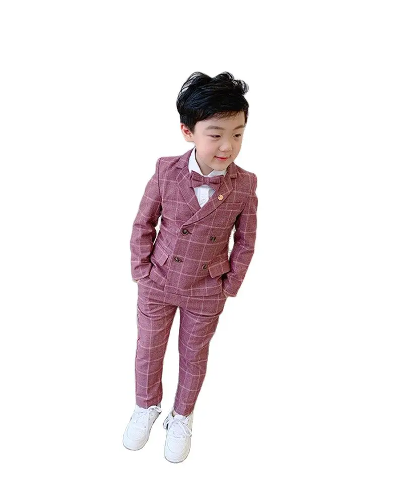 

Flower Boys Formal Dress Suit Set Children Pink Tweed Plaid Notch Lapel Double Breasted 2 Pieces Clothes Kids Wedding Party Wear