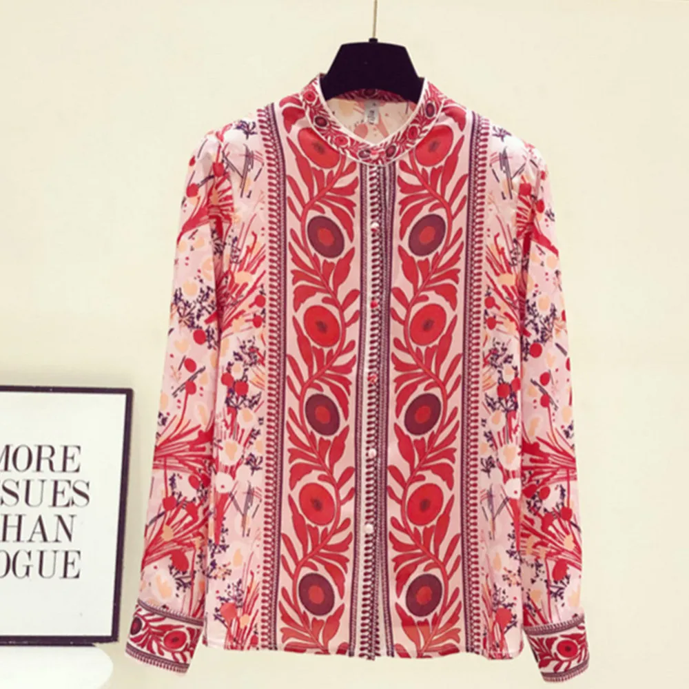 

Демисезонные шикарные женские винтажные рубашки с цветочным принтом и круглым вырезом F044