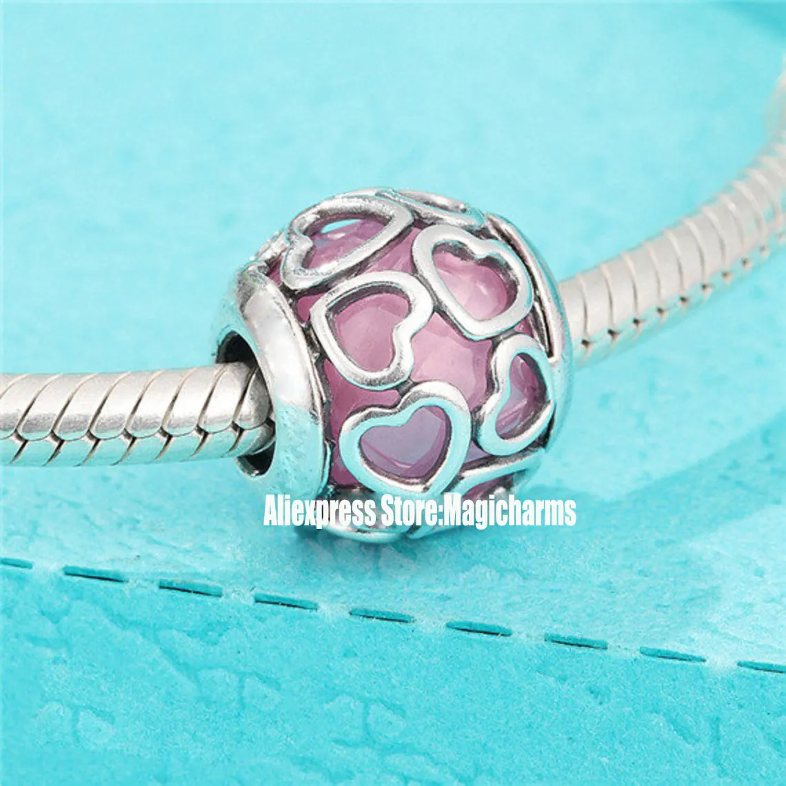 

925 Sterling Silver Encased in Love charm With Pink Crystal Charm beads Fits All European Pandora Bracelets Necklaces