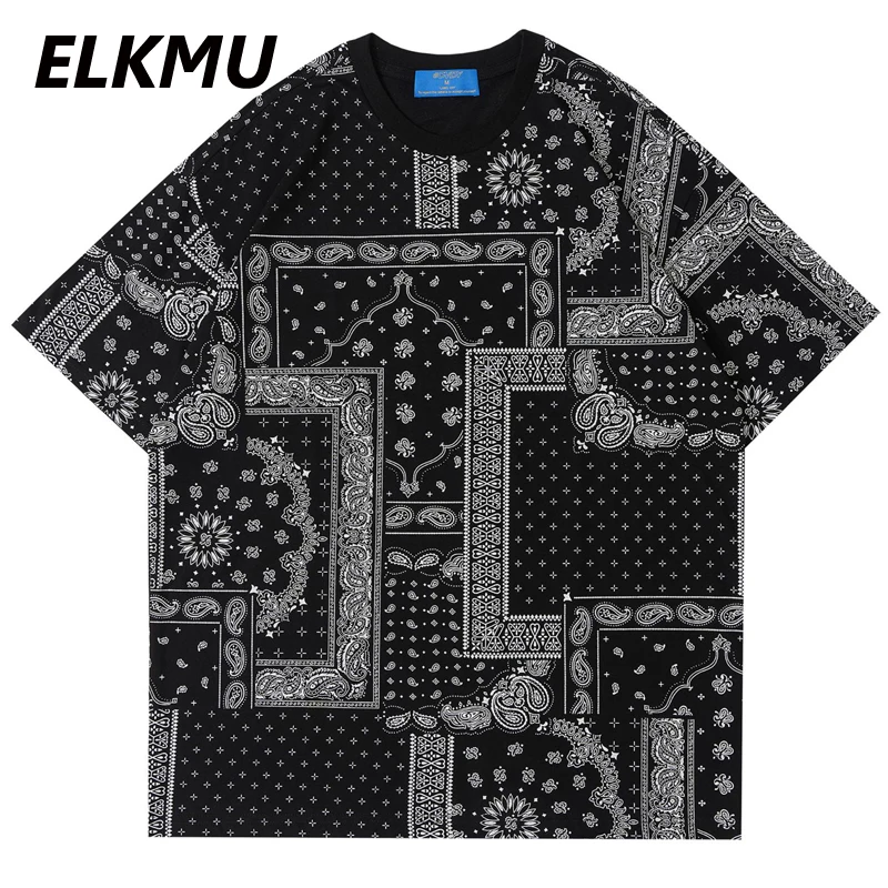 

ELKMU Bandana Paisley Pattern T-shirt Streetwear Men Summer Short Sleeve Tshirt Harajuku Tops Tees Male Shirts Cotton HE813