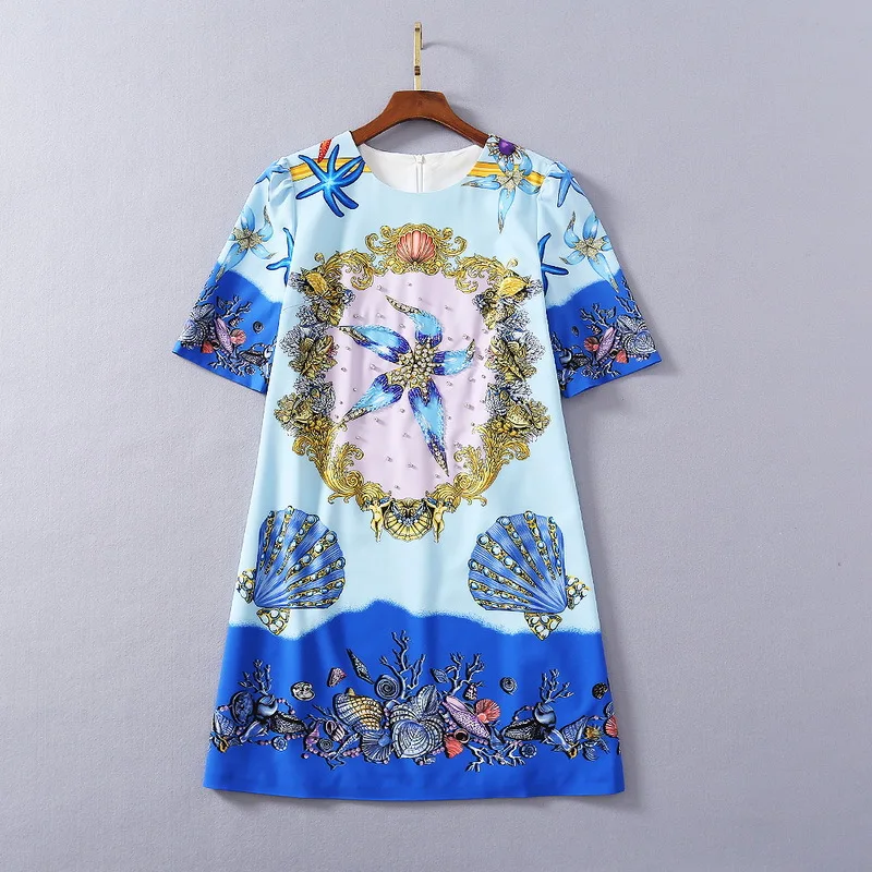 

European and American women's clothes spring The new 2021 Five-minute sleeve shell nail bead printing Fashionable dress