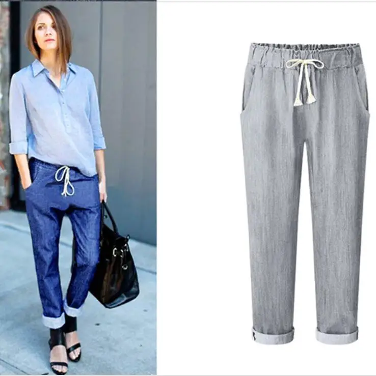 Шаровары джинсы женские штаны с высокой талией свободные прямые удобные большие