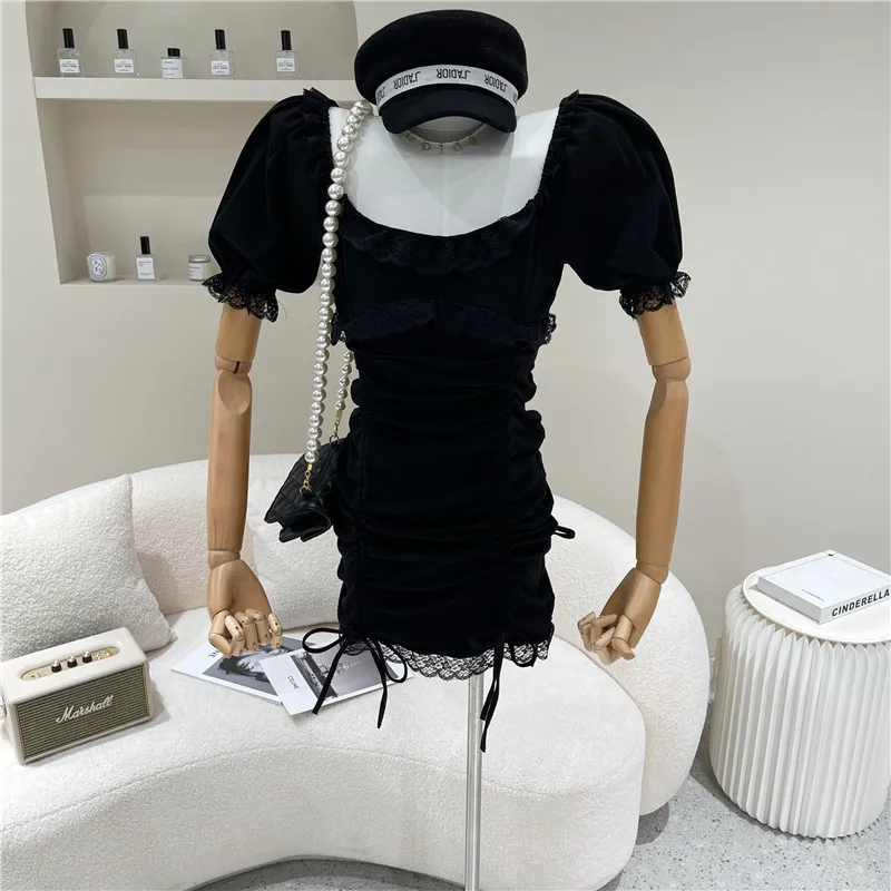 

Women's Spring Summer 2021 Niche Design Fashion Lace Drawstring Strap Bubble Short Sleeve Square Collar Fold Dress