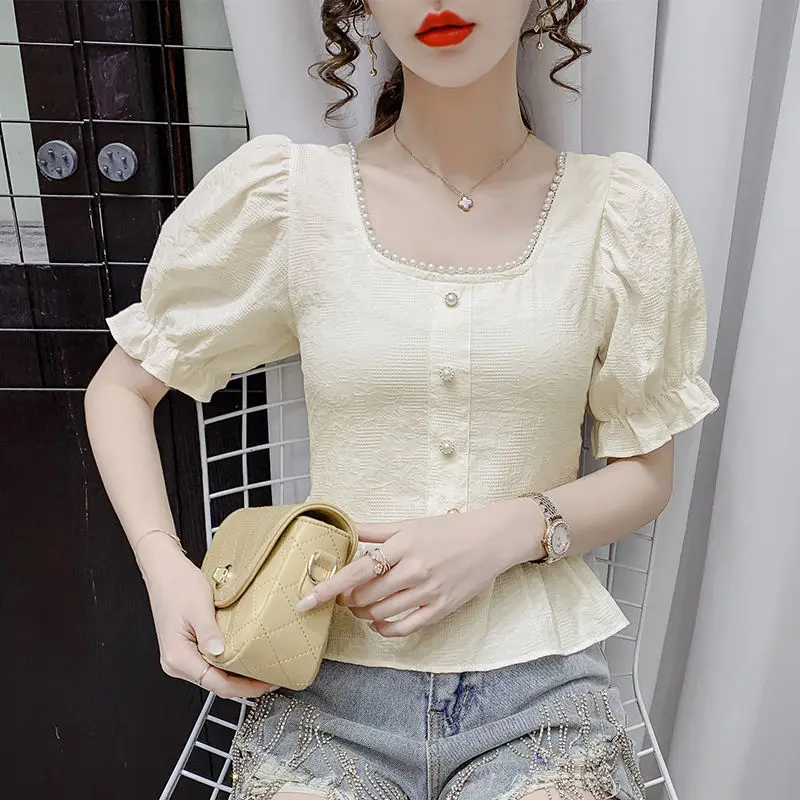 

French short-sleeved shirt female summer 2021 new beaded square collar ruffle shirt puff sleeve top all-match casual women