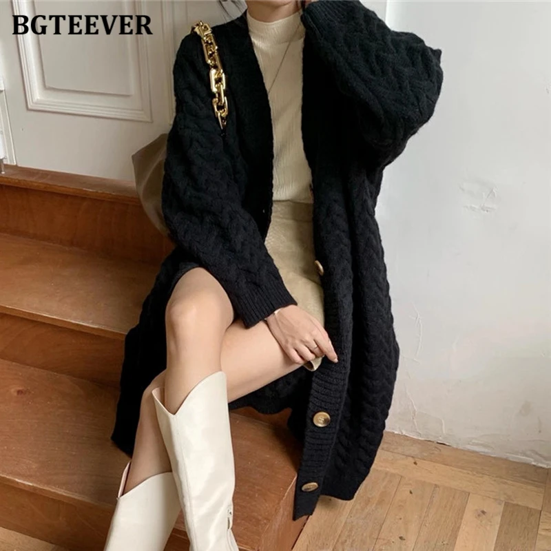 

BGTEEVER Vintage Thicken V-neck Ladies Twisted Knitted Cardigans Jacket Autumn Winter Loose Female Single-breasted Sweater 2021