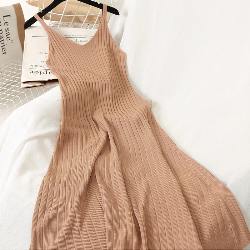 

Solid Knitted V Neck Women Dress Casual All Match Basic Vestidos Spring Summer Long Dresses 2020 Ropa Mujer