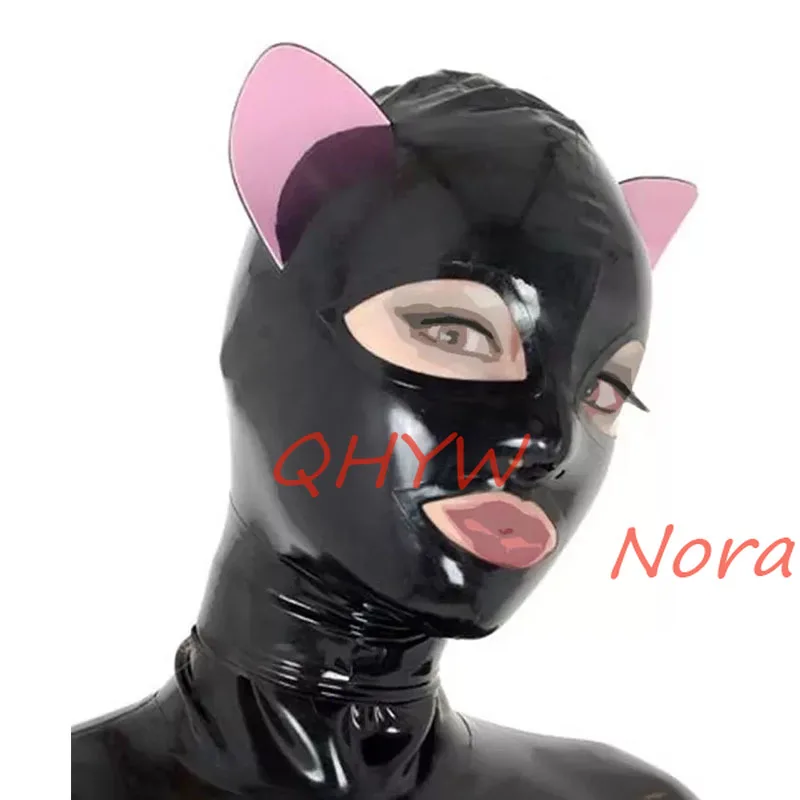 Handmade Natural Latex Mask Rubber Hood Cat Ear Cosplay Fetish with Back Zipper Club Wear Halloween Costume for Women