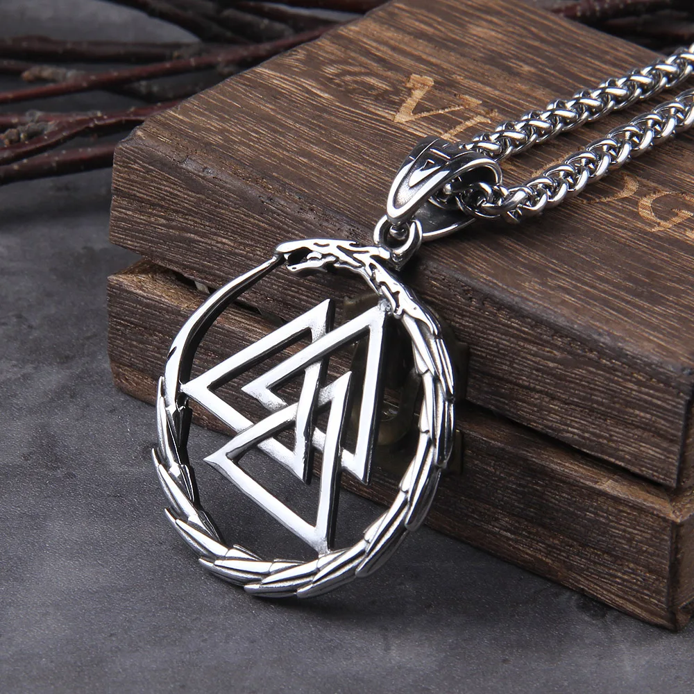 

Never Fade Men Stainless steel Viking Self-devourer Ouroboros Valknut Amulet dragon Pendant Necklace with vikings wooden box